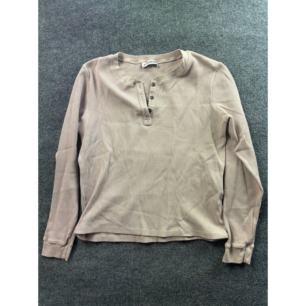 American Giant Henley Top Womens L Pink Waffle Knit Long Sleeve Thermal